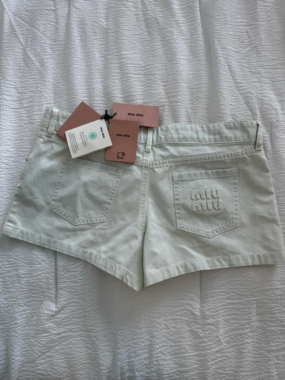 Miu Miu Cream Denim Shorts with Embroidered Back Pocket - Picture 1 of 2